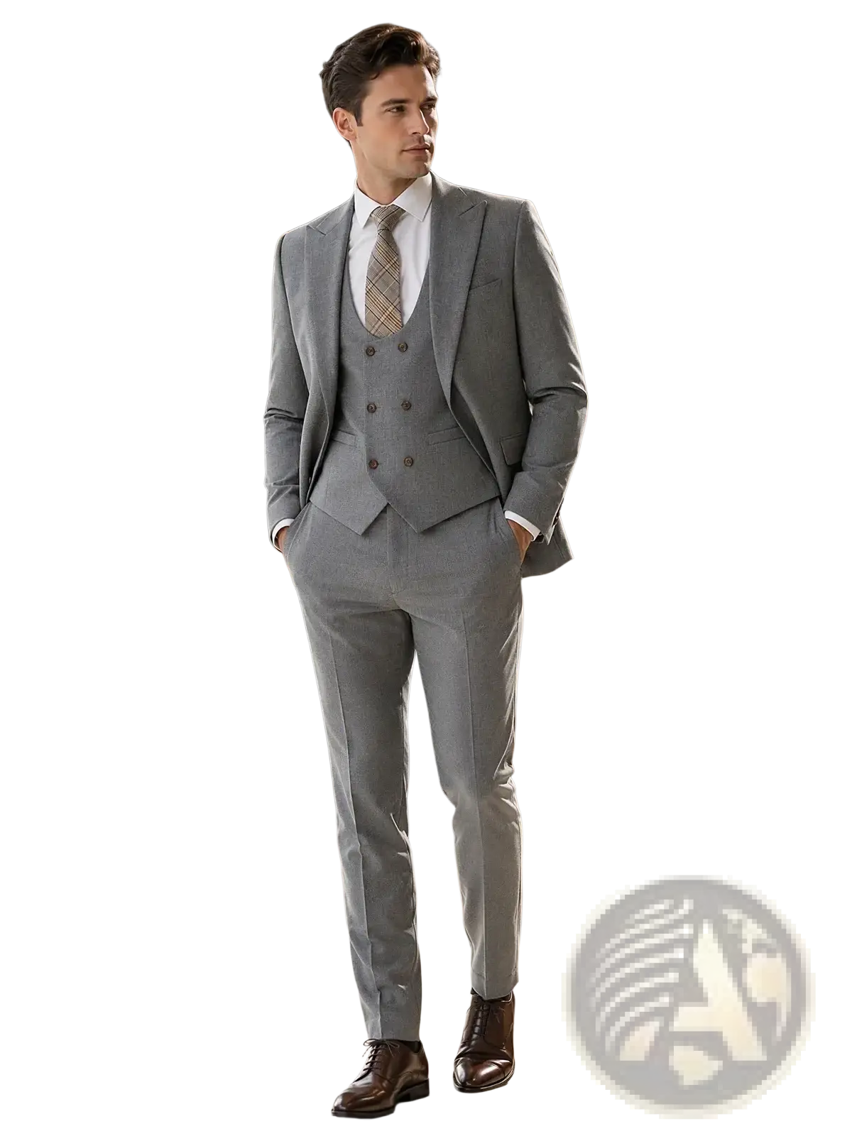 Men gray three piece slim fit suit featuring a sharply tailored double breasted vest and matching trousers with patterned tie