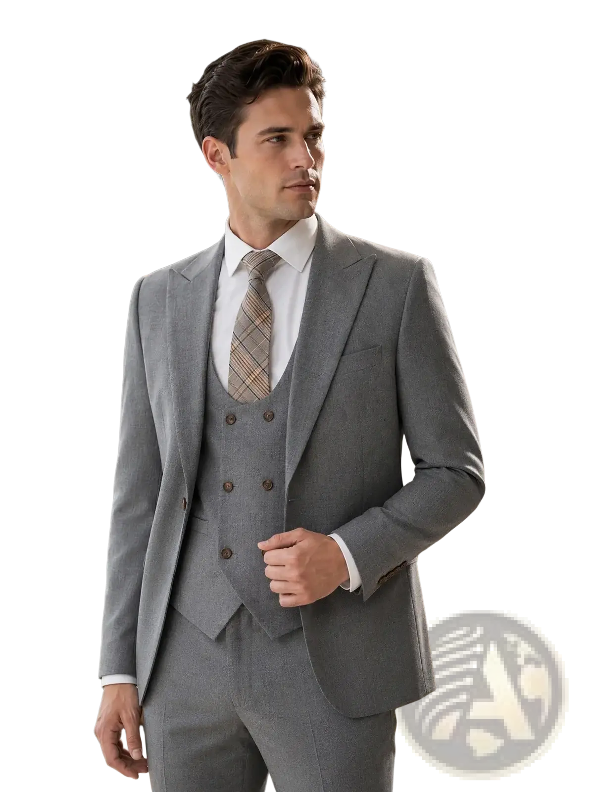 Men gray three piece slim fit suit with a sharply tailored double breasted jacket and subtle textured weave fabric