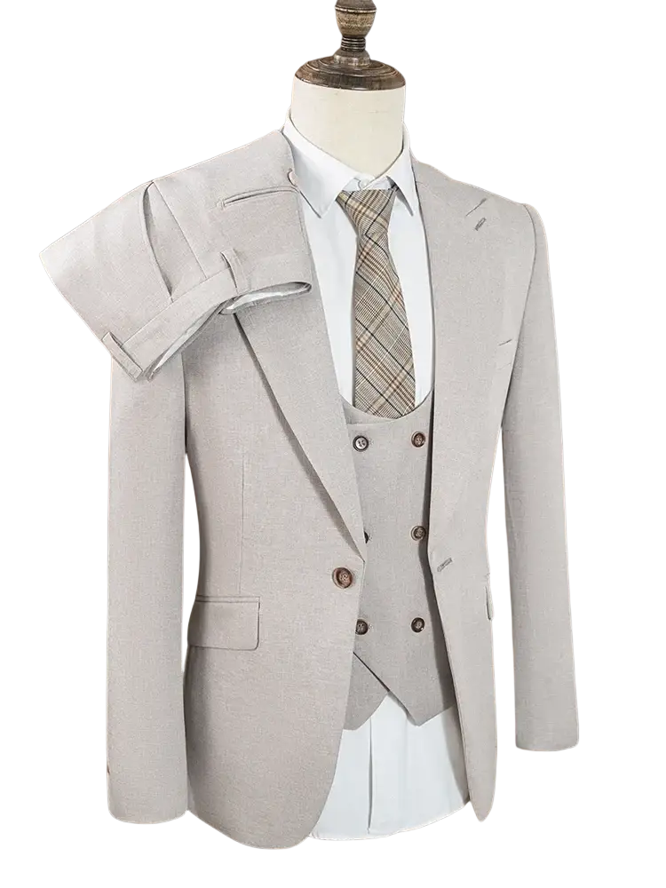 Men gray three piece slim fit suit by st cassy featuring a light gray double breasted vest and matching trousers