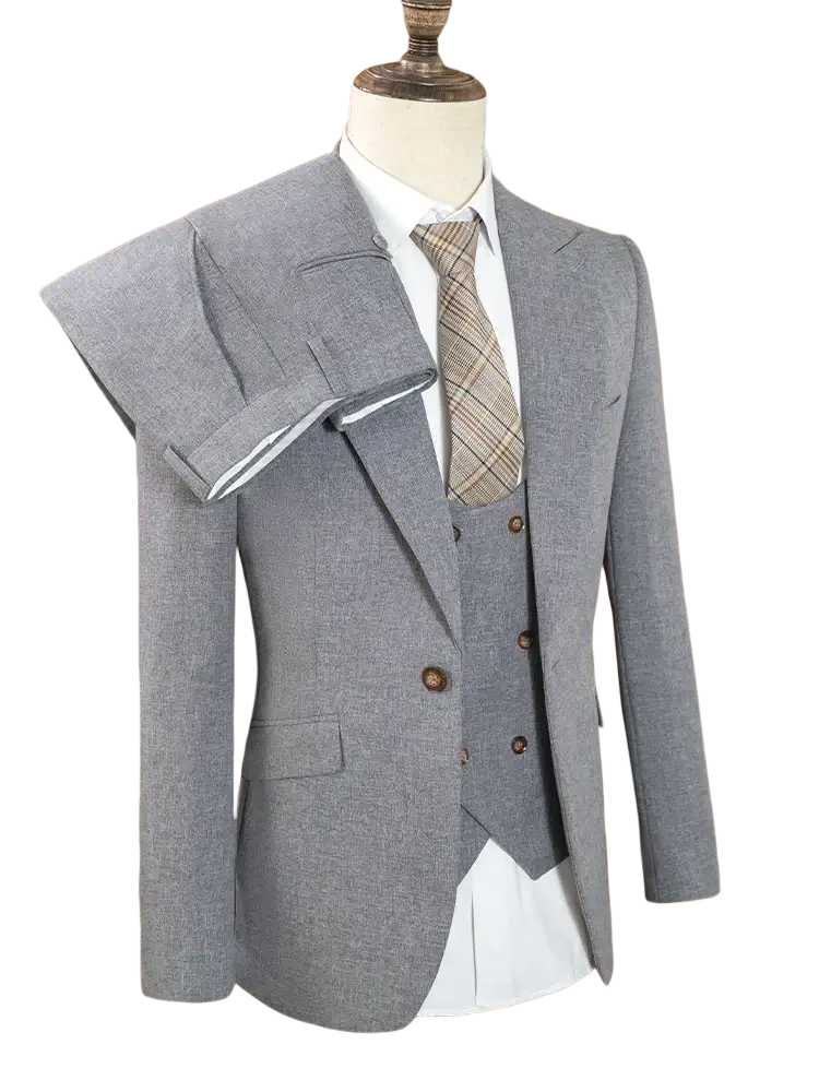 Men gray three piece slim fit suit by St Cassy featuring a textured blazer with notched lapels and matching vest