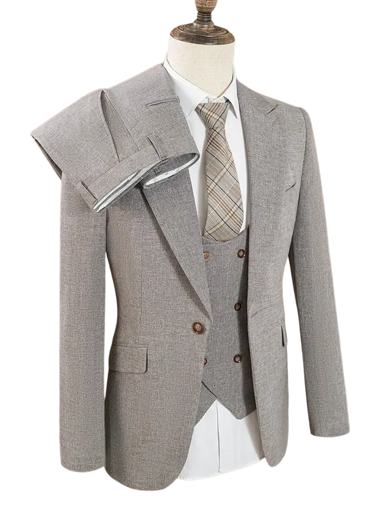 Men gray three piece slim fit wool suit by st cassy with double breasted jacket and matching vest