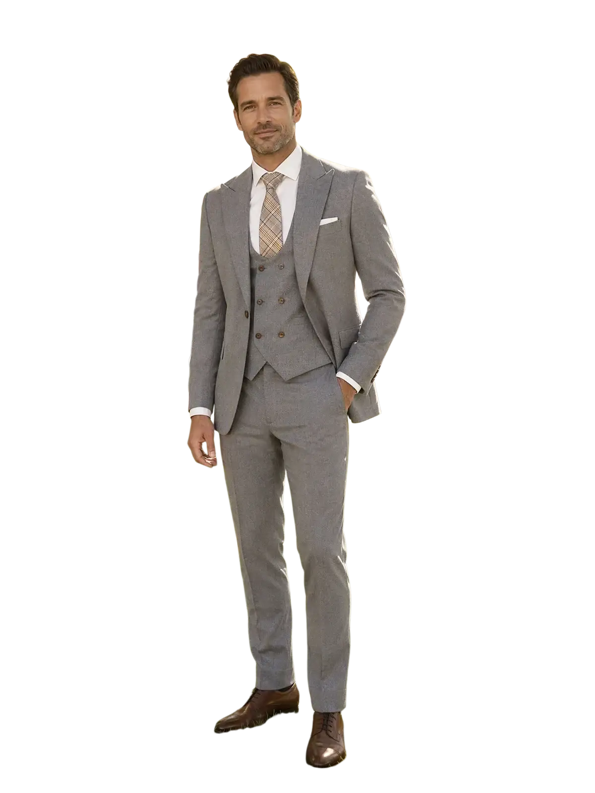A men gray three piece slim fit suit with a well-tailored double-breasted jacket and subtle textured weave