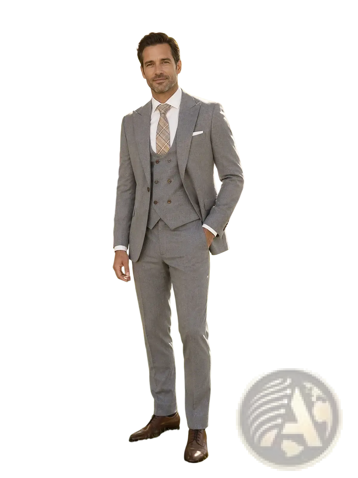 A men gray three piece slim fit suit with a well-tailored double-breasted jacket and subtle textured weave