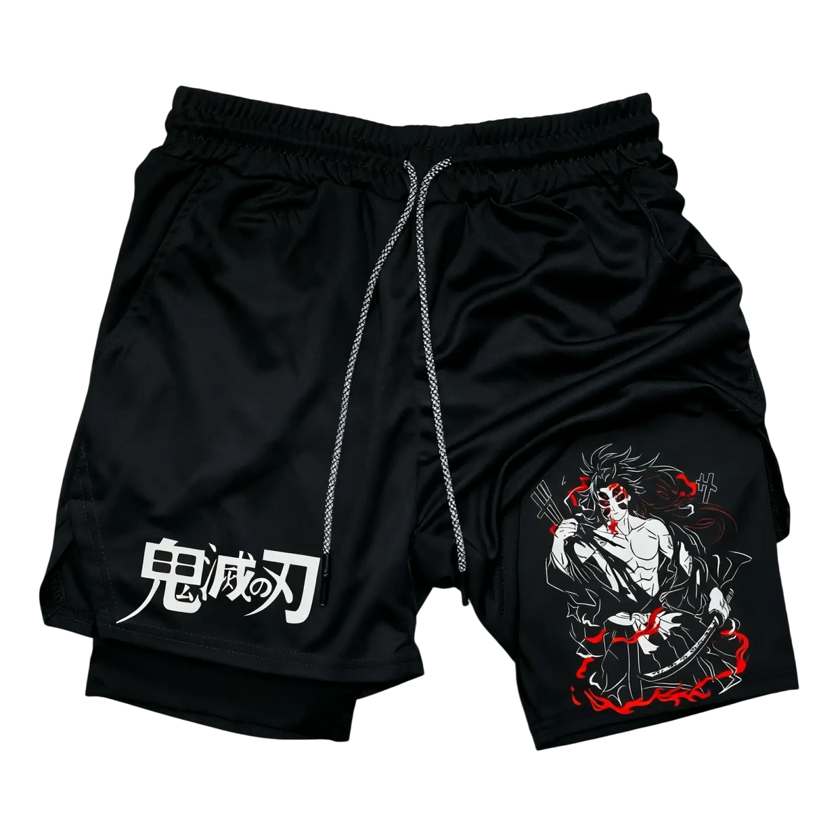 Black men gym 2-in-1 athletic shorts with towel loop feature and white red anime graphic offering support