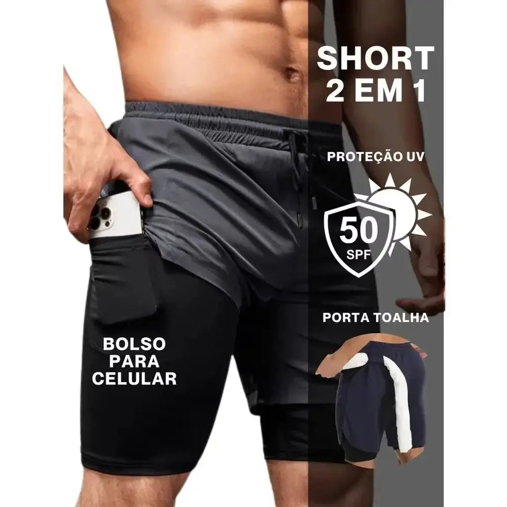 Men gym 2-in-1 black and gray workout shorts with towel loop, elastic waistband, built-in phone pocket, and spf 50 protection