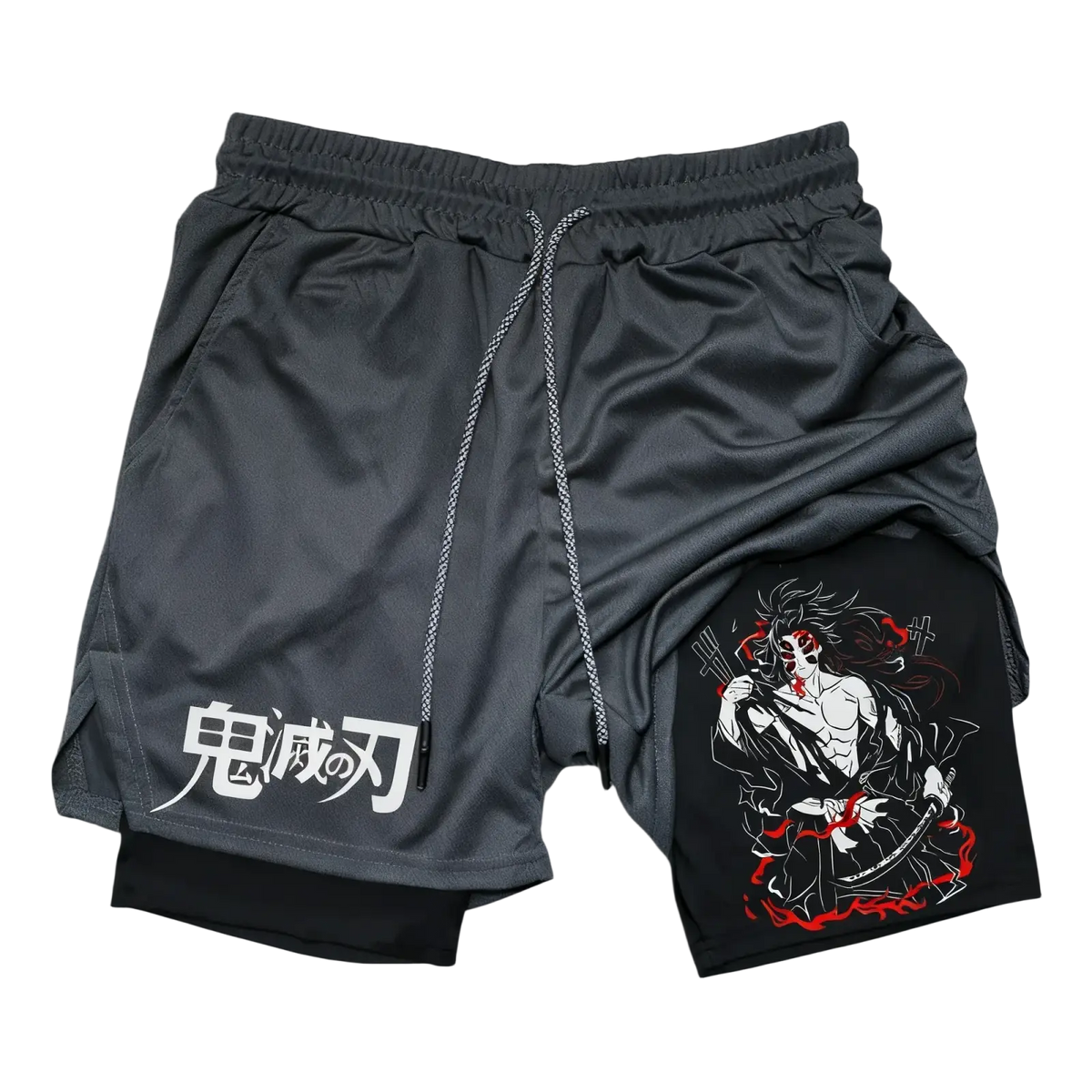 Men gym 2-in-1 dark gray athletic shorts with towel loop elastic waistband and anime graphic for workouts