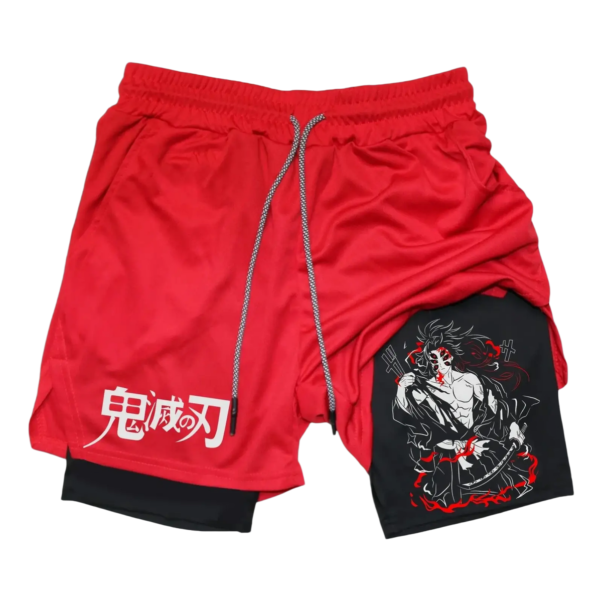 Men gym 2-in-1 red and black athletic shorts with towel loop and bold anime graphic offering support during workouts