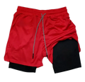 Men gym two-in-one red and black athletic shorts with drawstring waistband and towel loop offers support during workouts