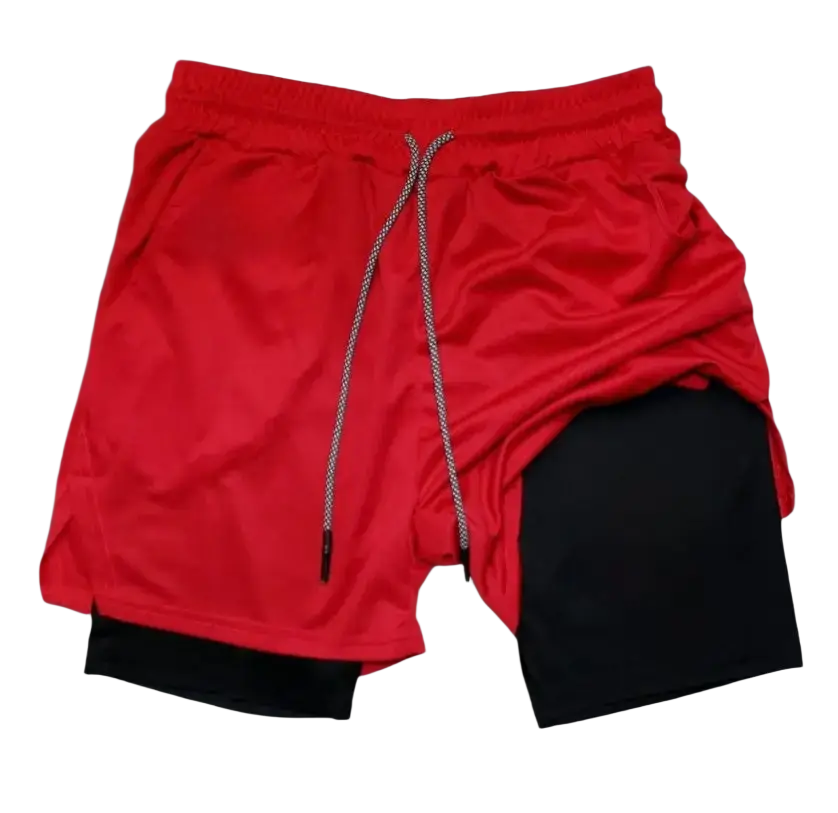 Men gym two-in-one red and black athletic shorts with drawstring waistband and towel loop offers support during workouts