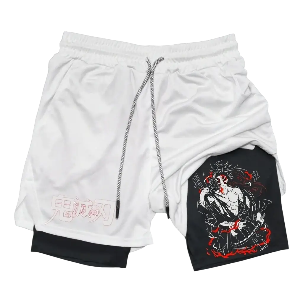Men gym 2-in-1 white and black workout shorts with towel loop elastic waistband and red-accented anime character graphic