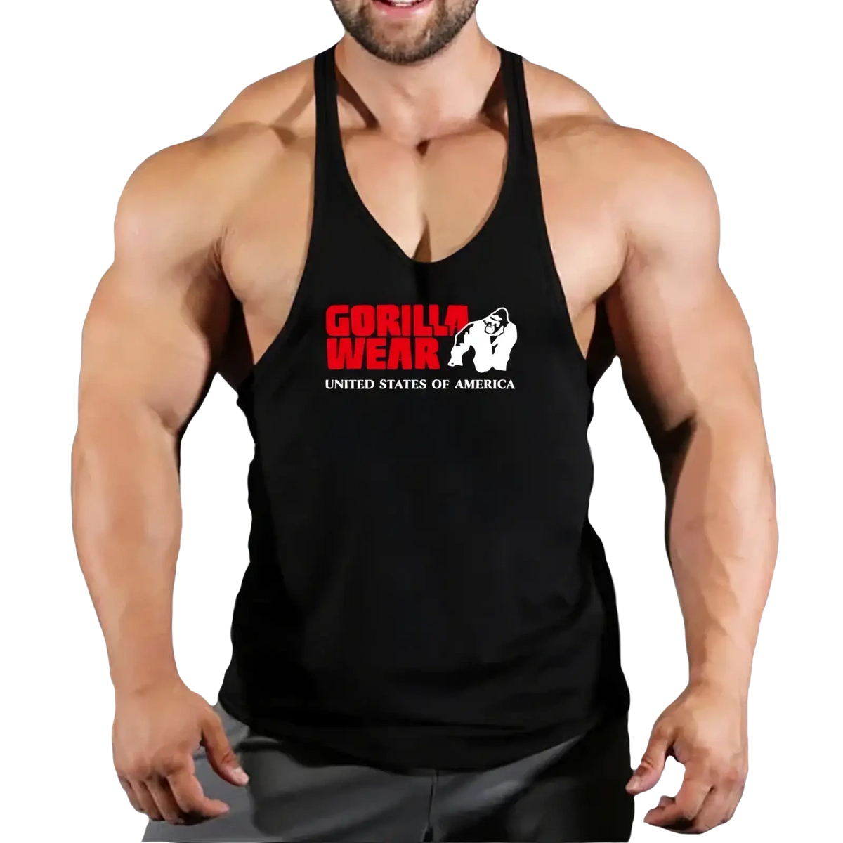 Black gorilla wearing a men gym quick dry fitness workout tank top with red and white logo on the front