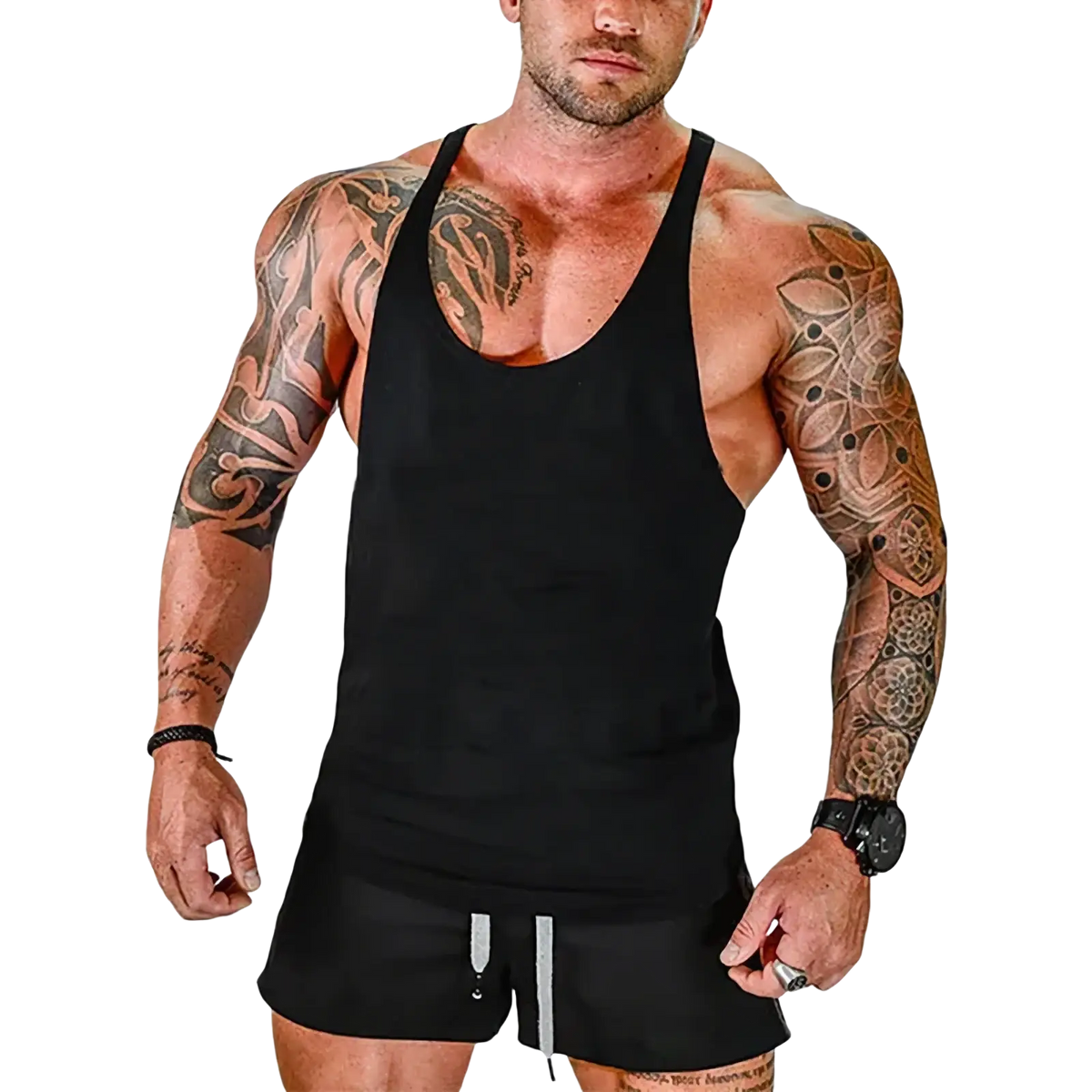 Black sleeveless men gym tank top with scoop neckline and subtle side seams quick dry for fitness workout