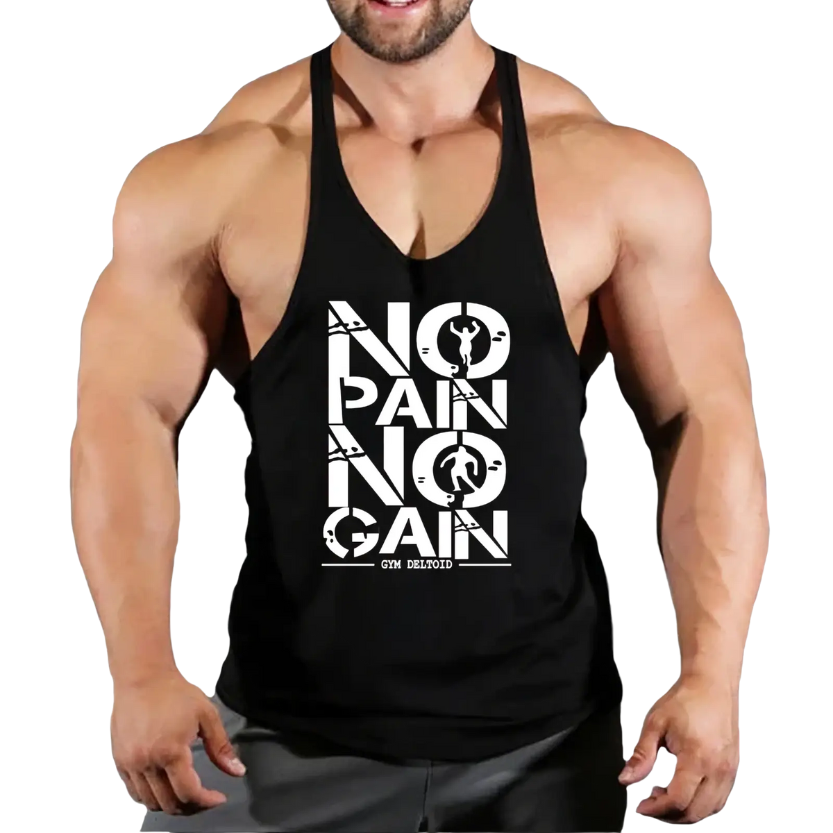 Men gym tank top quick dry black fitness workout shirt with white no pain no gain graphic and gym delaid text