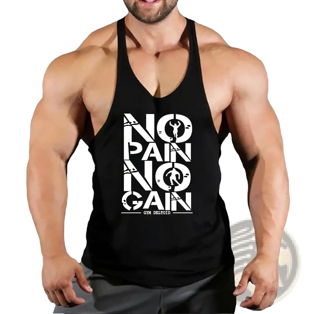Black men gym tank top with white no pain no gain graphic quick dry material for fitness workout use