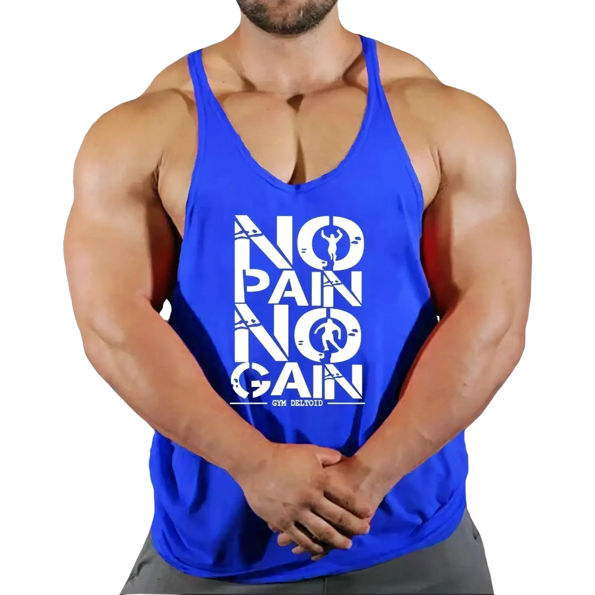 Men gym tank top in blue with quick dry fabric white no pain no gain graphic and gym deloid branding for workouts