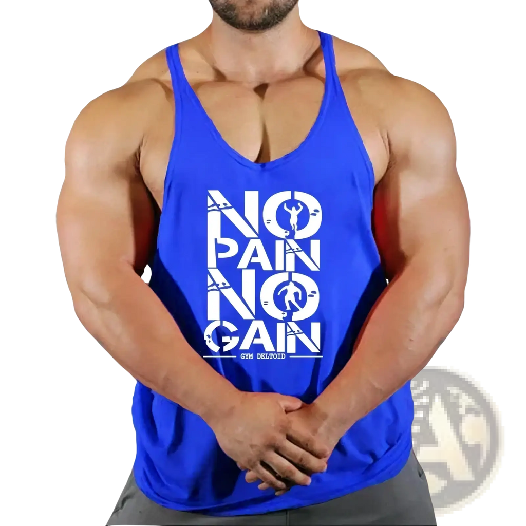 Men gym tank top in blue with quick dry fabric white no pain no gain graphic and gym deloid branding for workouts