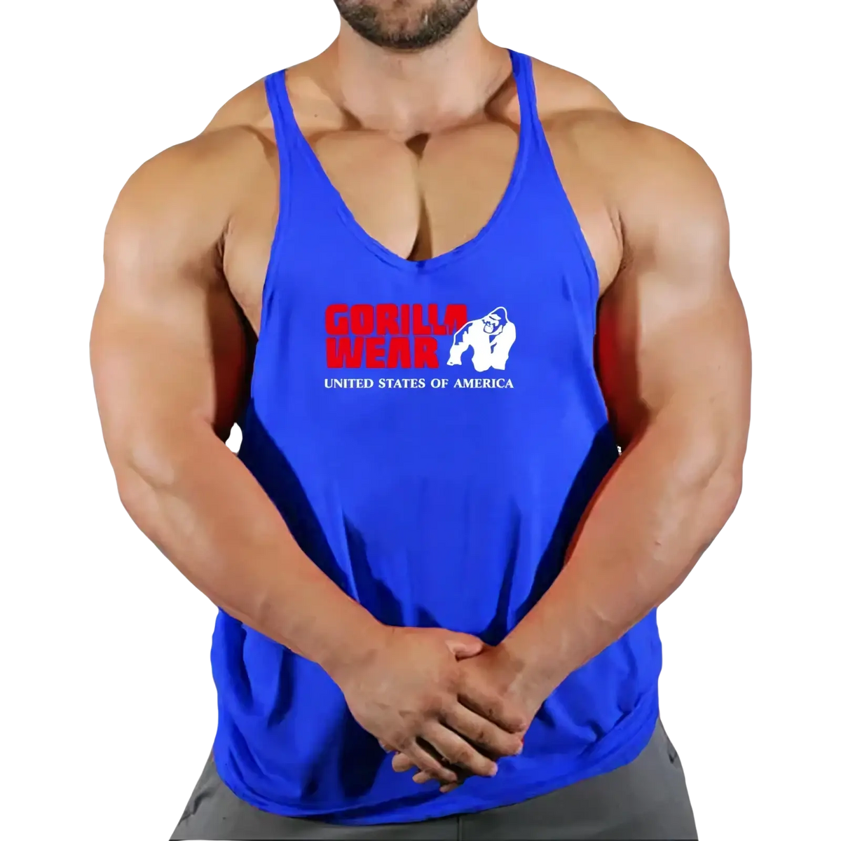 Blue gorilla wearing a quick dry men gym tank top with red and white logo for fitness workouts