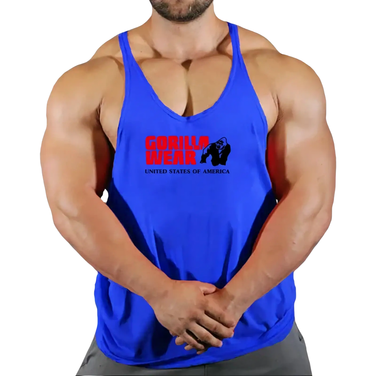Blue gorilla wearing a quick dry men gym tank top with a red and black logo for fitness workout use