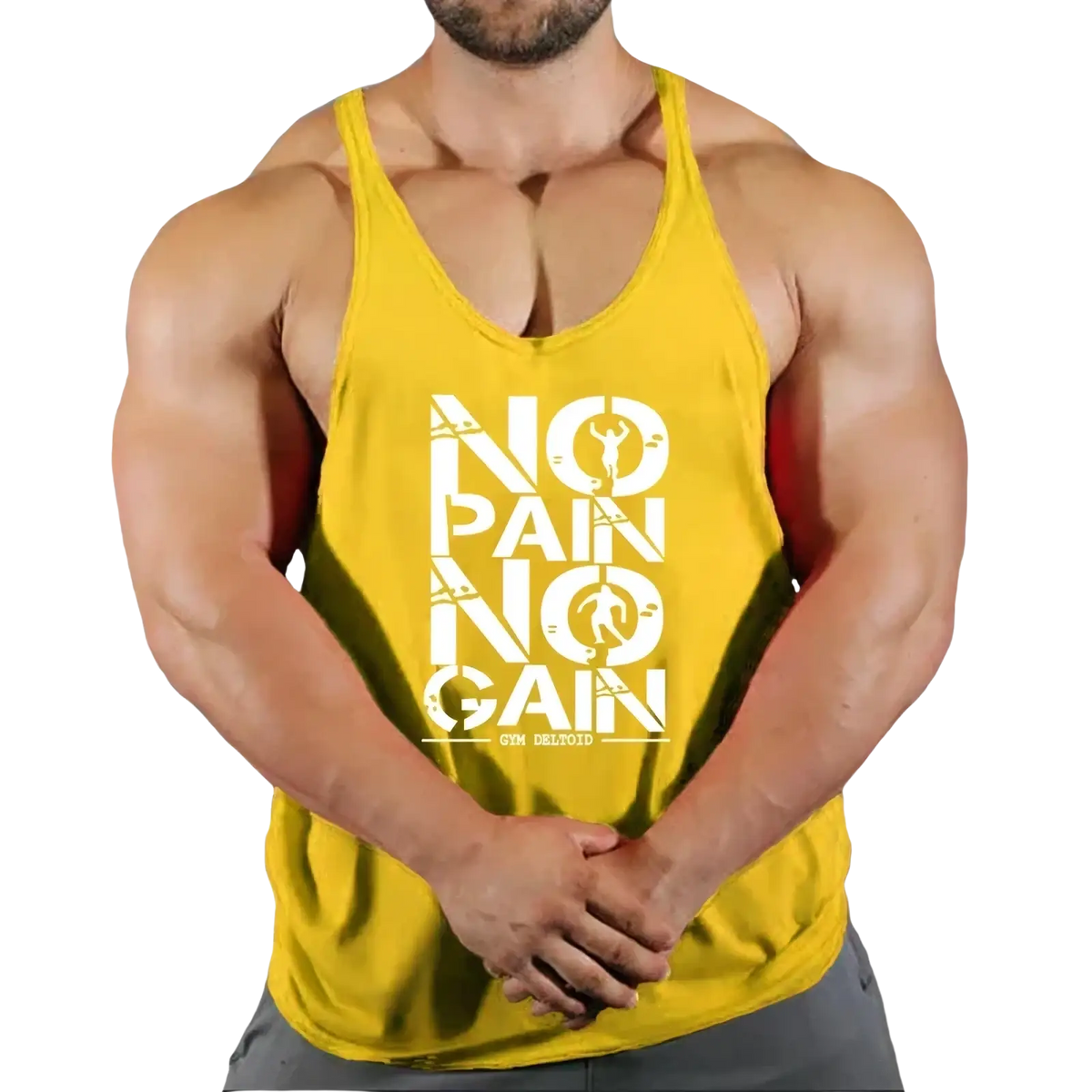 Men gym tank top quick dry fitness workout shirt in bright yellow with bold white no pain no gain graphic and small text below