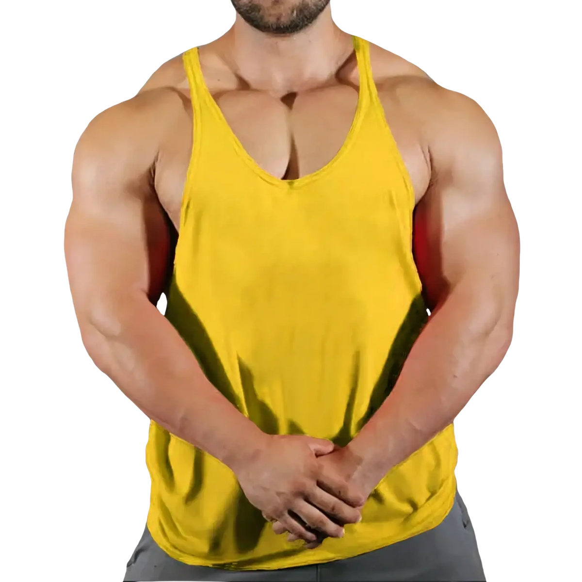 Bright yellow men gym tank top with thin straps v-neck quick dry fabric for fitness workout