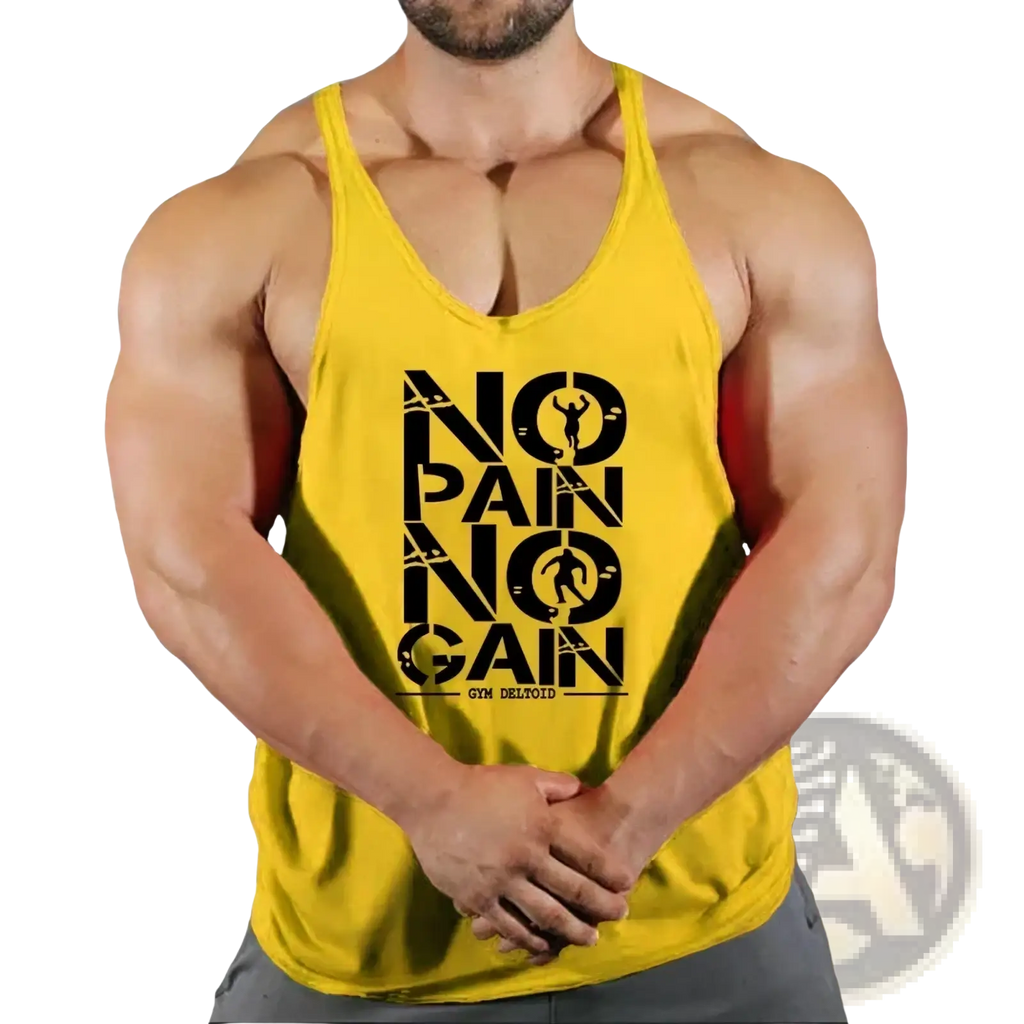 Bright yellow men gym tank top with bold black no pain no gain graphic quick dry material for workout fitness