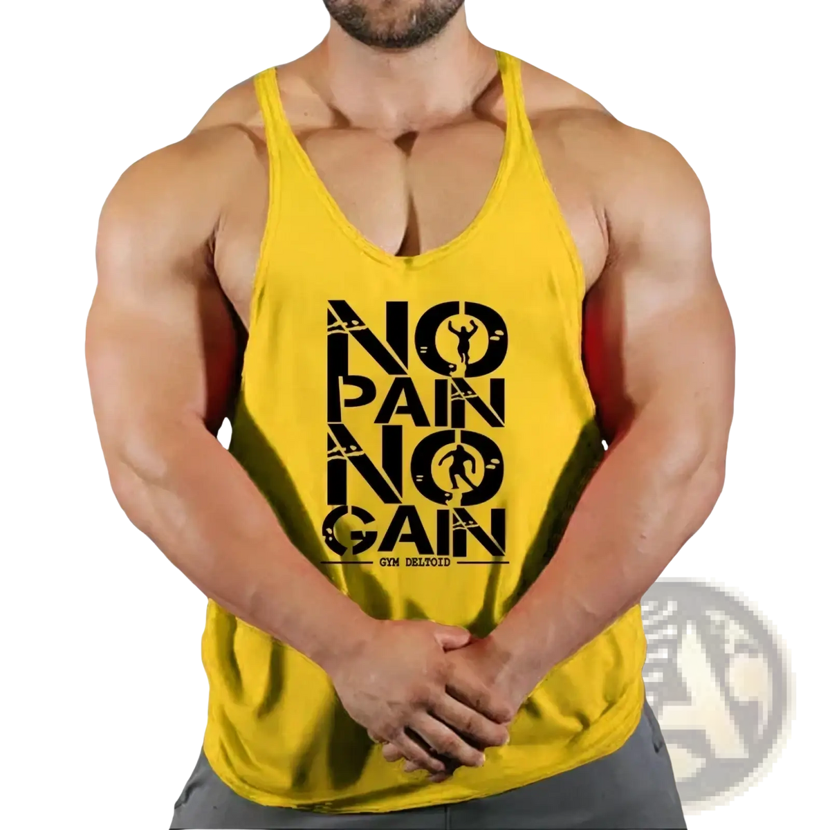 Bright yellow men gym tank top with bold black no pain no gain graphic quick dry material for workout fitness