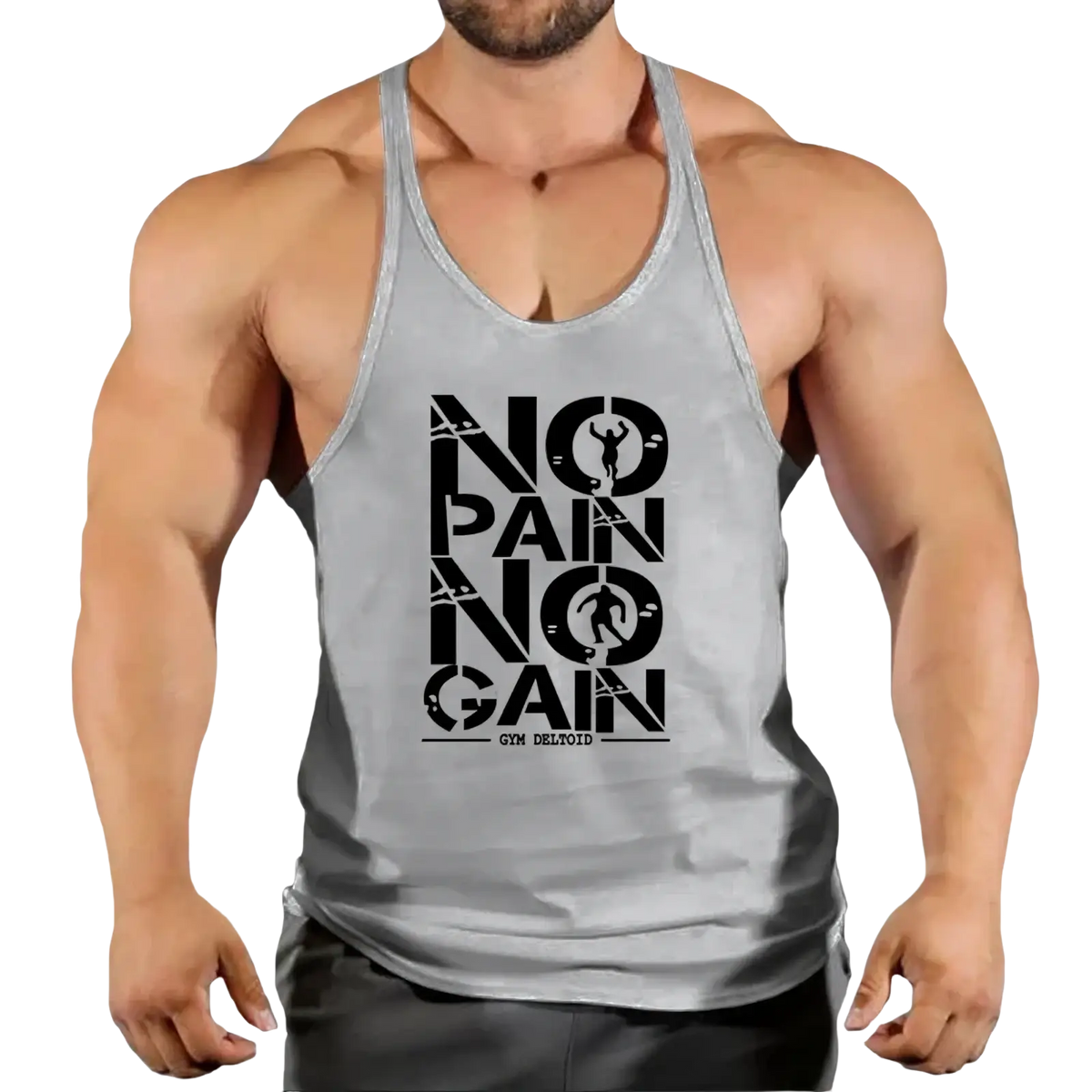 Men gym tank top in gray with black no pain no gain graphic quick dry fabric for fitness workout use