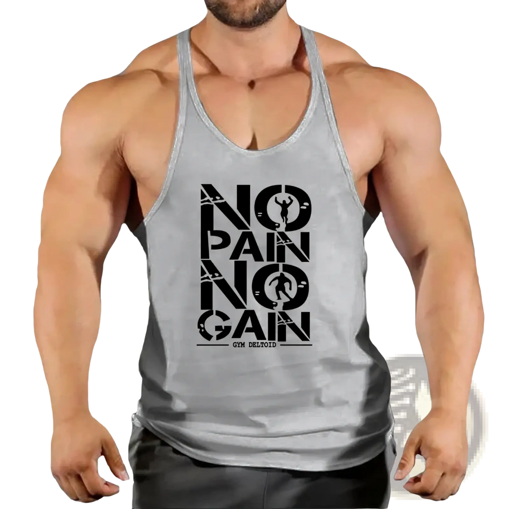 Men gym tank top in gray with black no pain no gain graphic quick dry fabric for fitness workout use