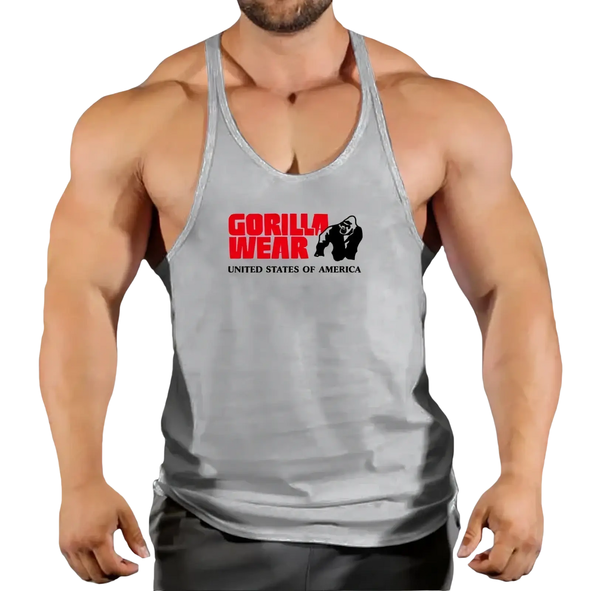 Gray gorilla wearing a men gym tank top with red and black logo quick dry workout shirt for fitness training