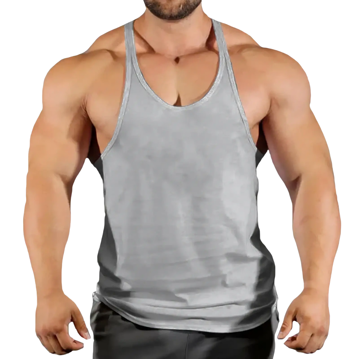 Gray muscle tank top with quick dry fabric and fitted design for men gym fitness workout use