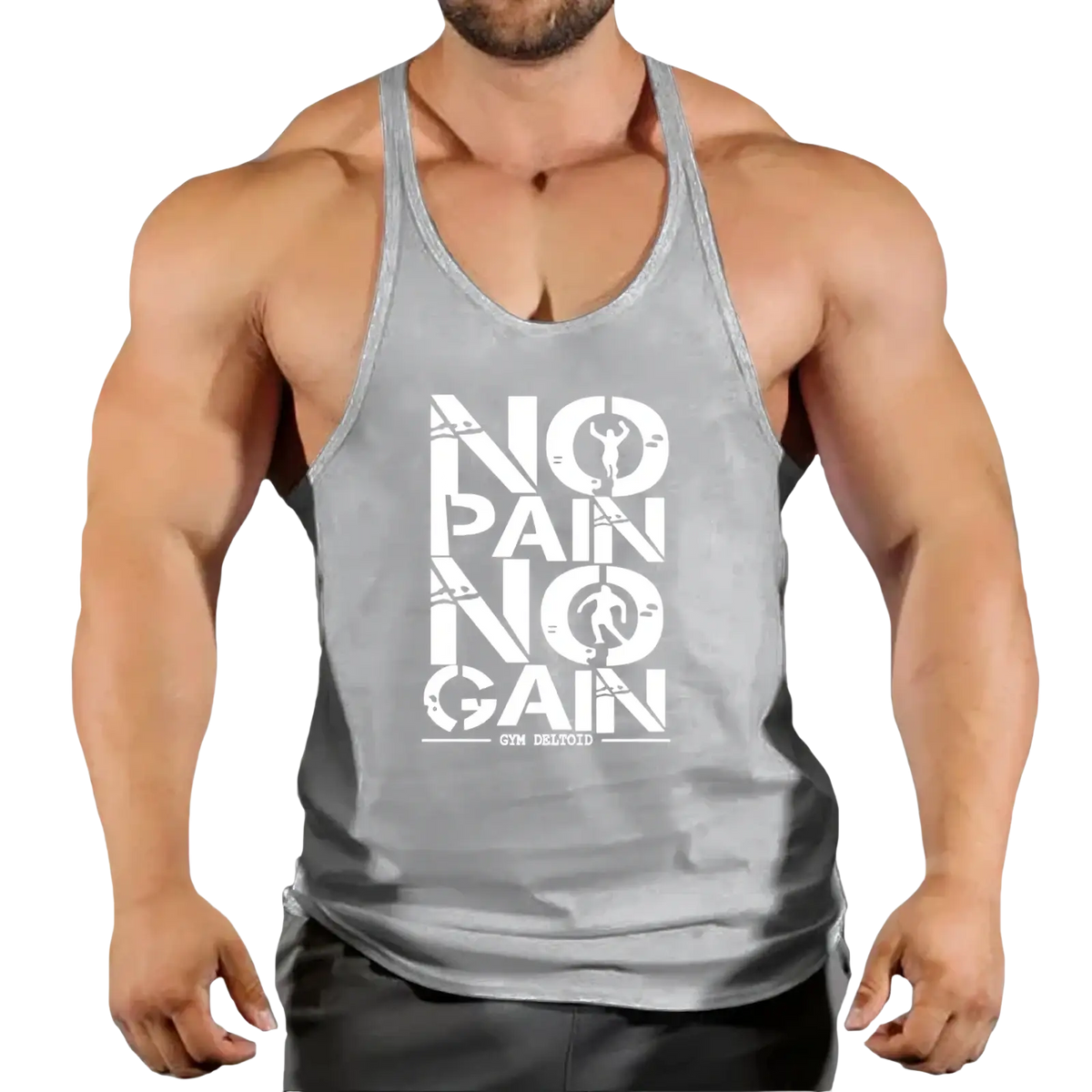 Men gray quick dry muscle tank top with white no pain no gain graphic for gym fitness workouts