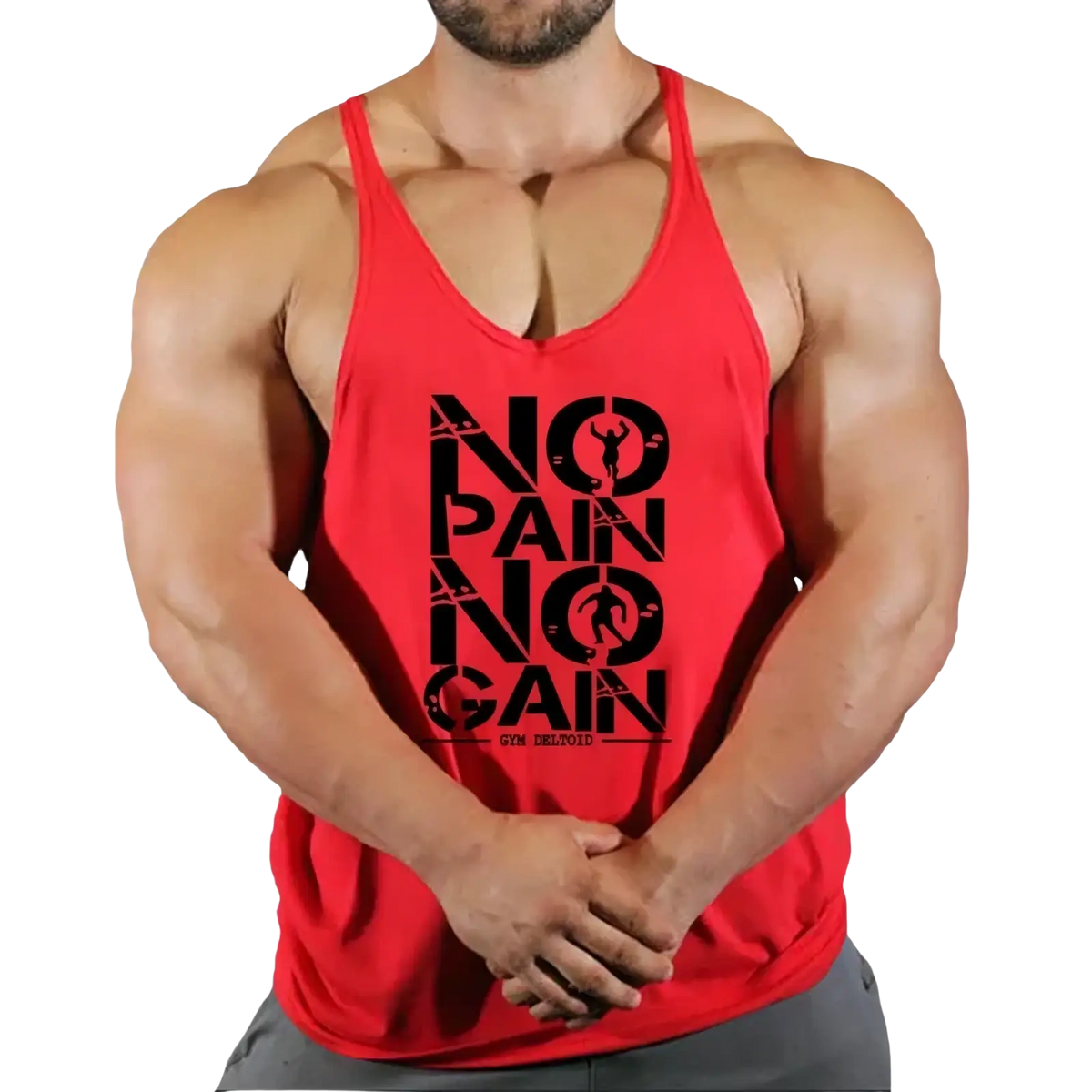 Men gym tank top in red with black no pain no gain graphic and quick dry fabric for fitness workouts with v-neck design