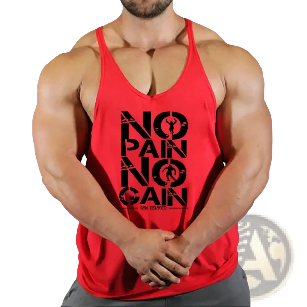 Men gym tank top in red with black no pain no gain graphic, quick dry fabric for fitness workout use