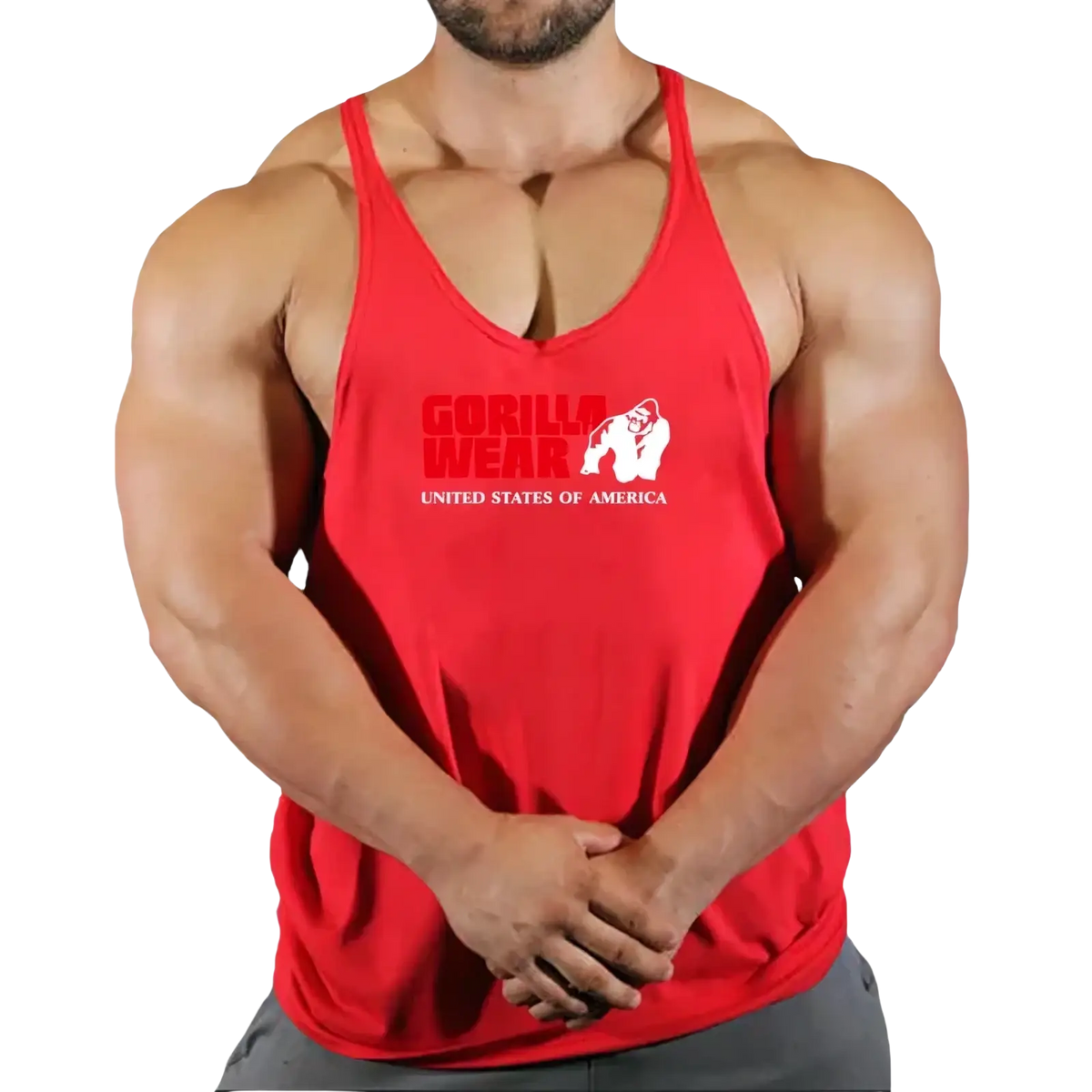 Red gorilla wearing a red quick dry men gym tank top with white logo and united states of america text for fitness workout
