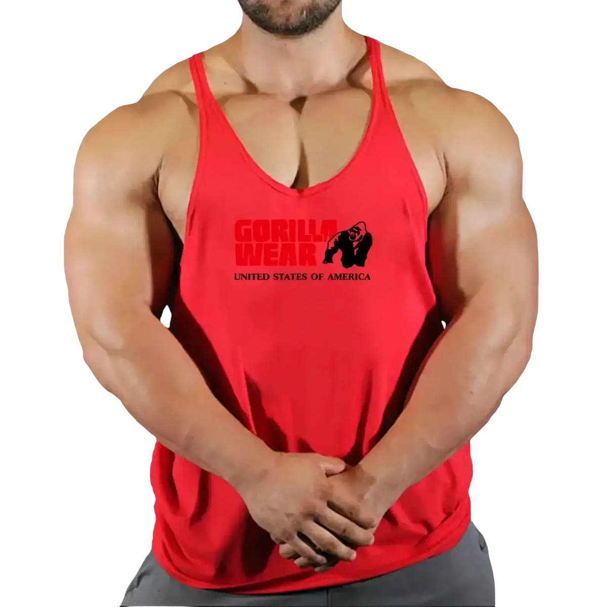 Red men gym tank top with black logo and united states of america text featuring quick dry fabric for workouts