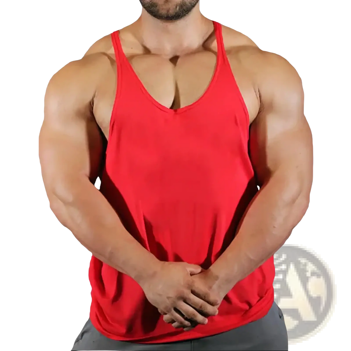 Red men gym tank top with thin straps and deep v-neckline made of quick dry fabric for fitness workouts