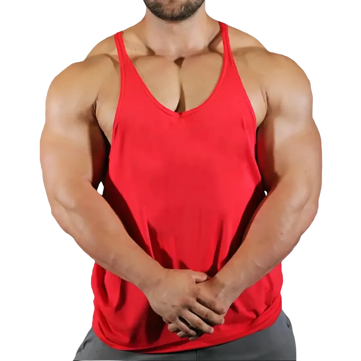 Red men gym tank top with thin straps and deep v-neckline made of quick dry fabric for fitness workouts