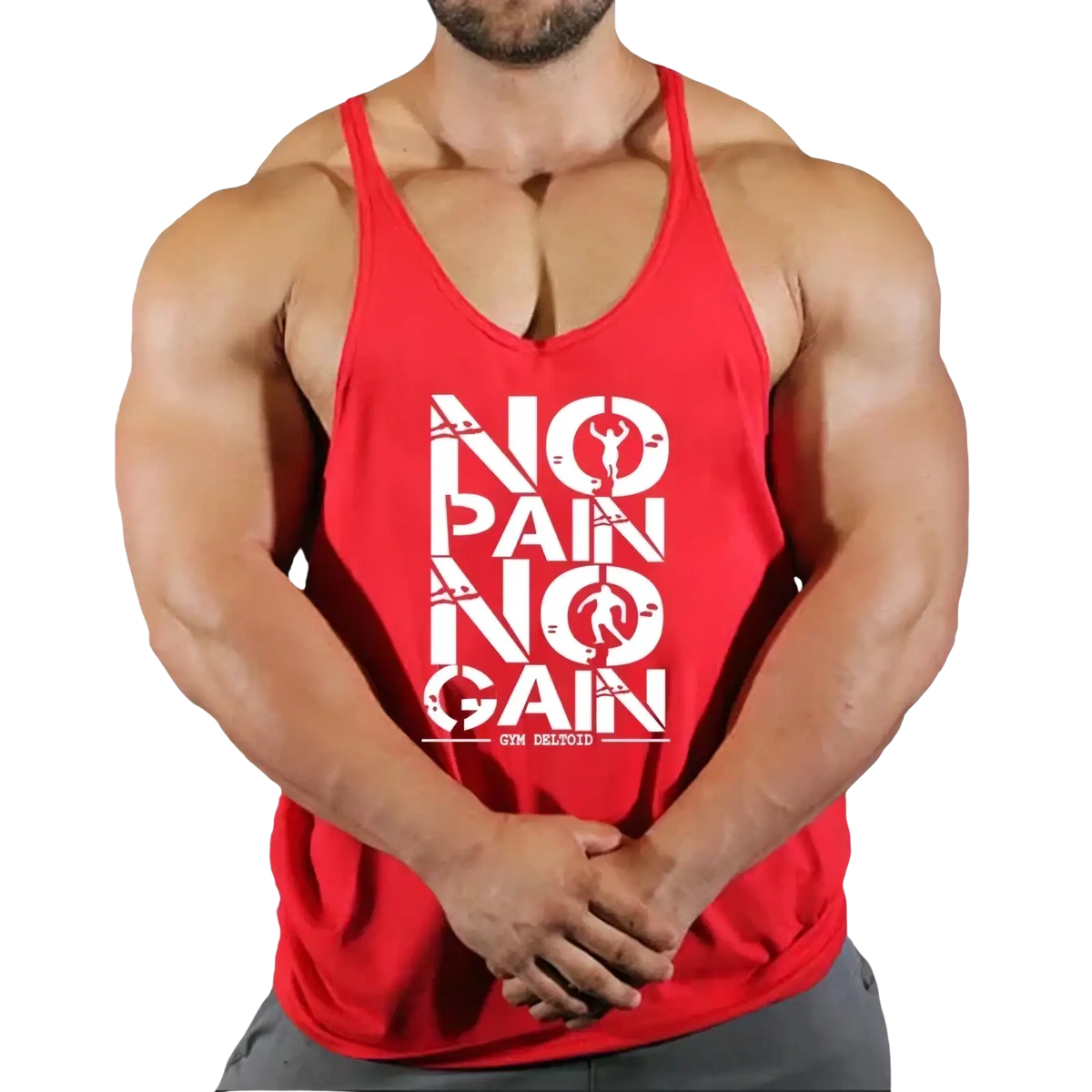 Red quick dry men gym tank top featuring a white no pain no gain graphic for fitness workout use