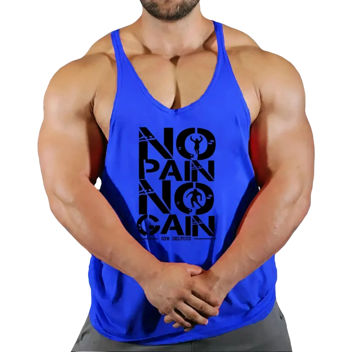 Men gym tank top quick dry fitness workout shirt in vibrant blue with bold black no pain no gain graphic and silhouette details