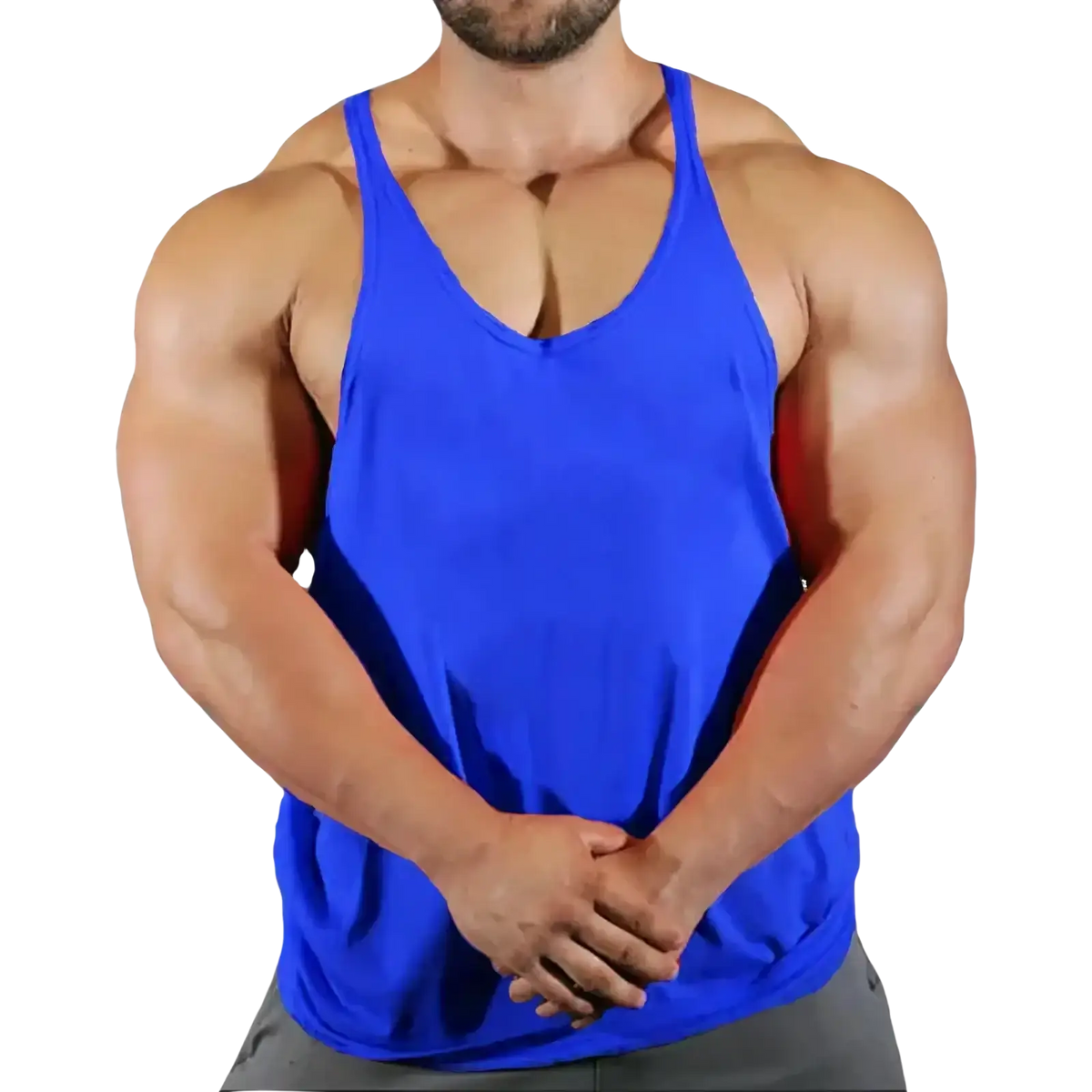 Vibrant royal blue men gym tank with v-neckline and thin straps quick dry fabric for fitness workouts