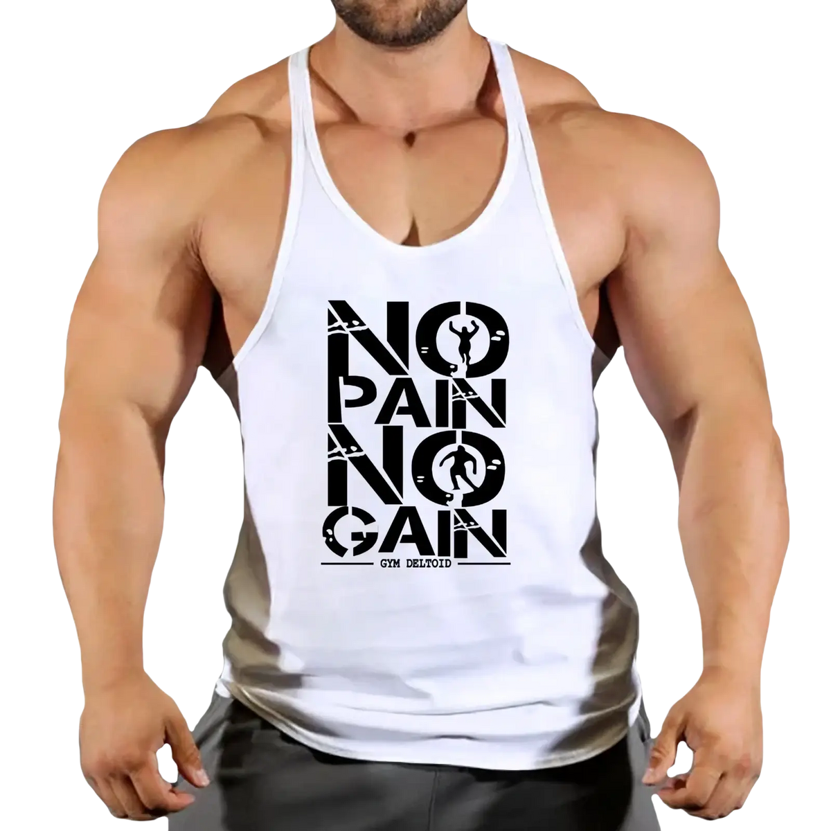 Men gym tank top in white quick dry fabric with black no pain no gain graphic and small gym deltoid text for workouts