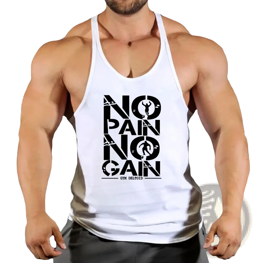 Men gym tank top quick dry white with black no pain no gain graphic and gym delfoid text for fitness workouts