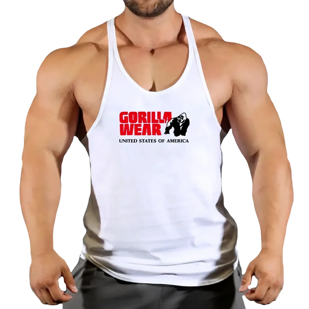 White men gym tank top with quick dry fabric featuring red and black Gorilla Wear logo and gorilla graphic