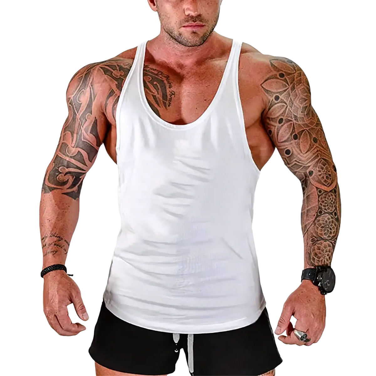 White sleeveless men gym tank top with v-neckline quick dry fabric and relaxed fit for fitness workouts