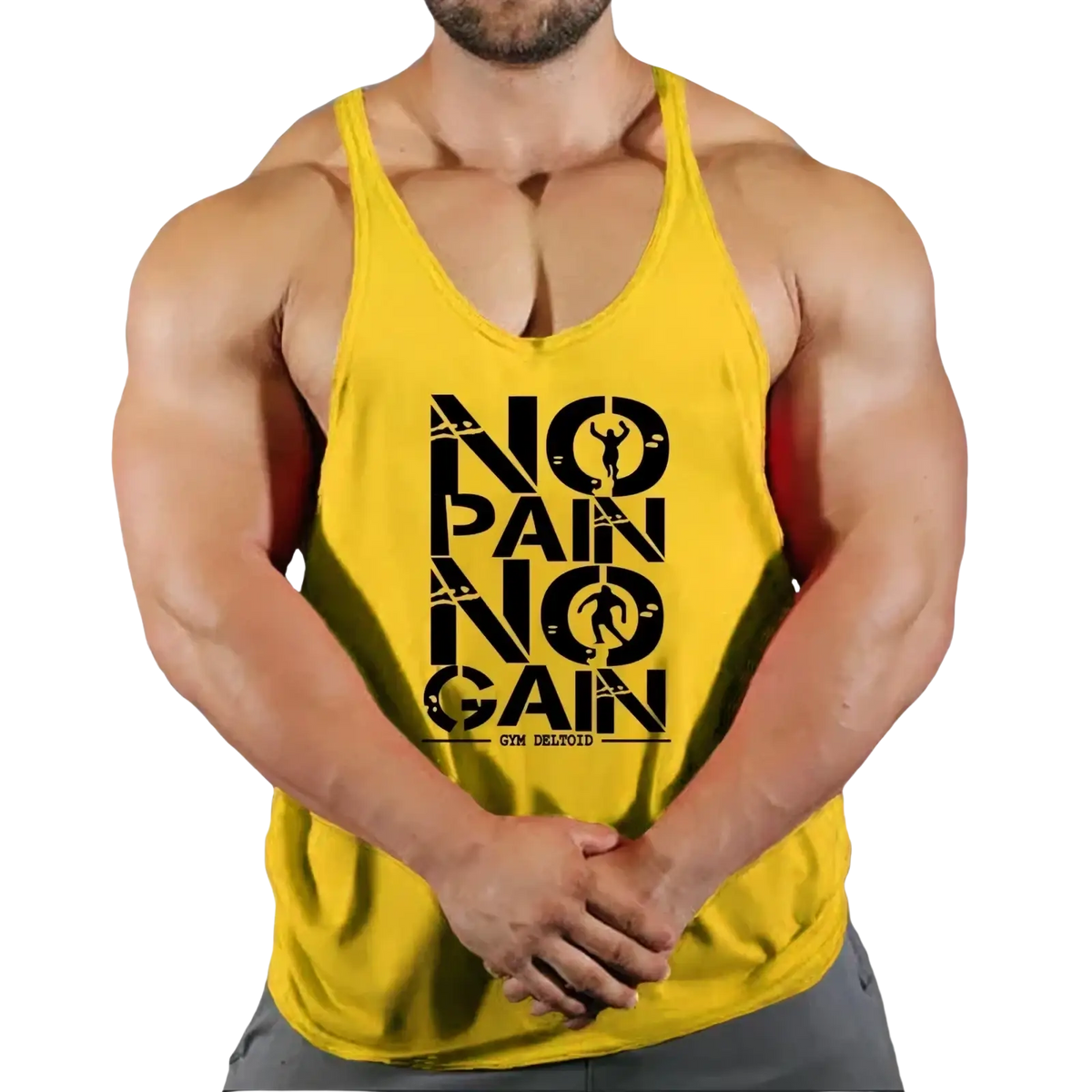 Yellow men gym tank top quick dry fitness workout shirt with black no pain no gain graphic and gym deloid branding