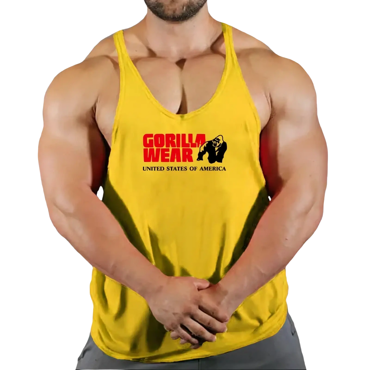Yellow gym tank top with quick dry fabric and red black gorilla logo designed for men fitness workouts