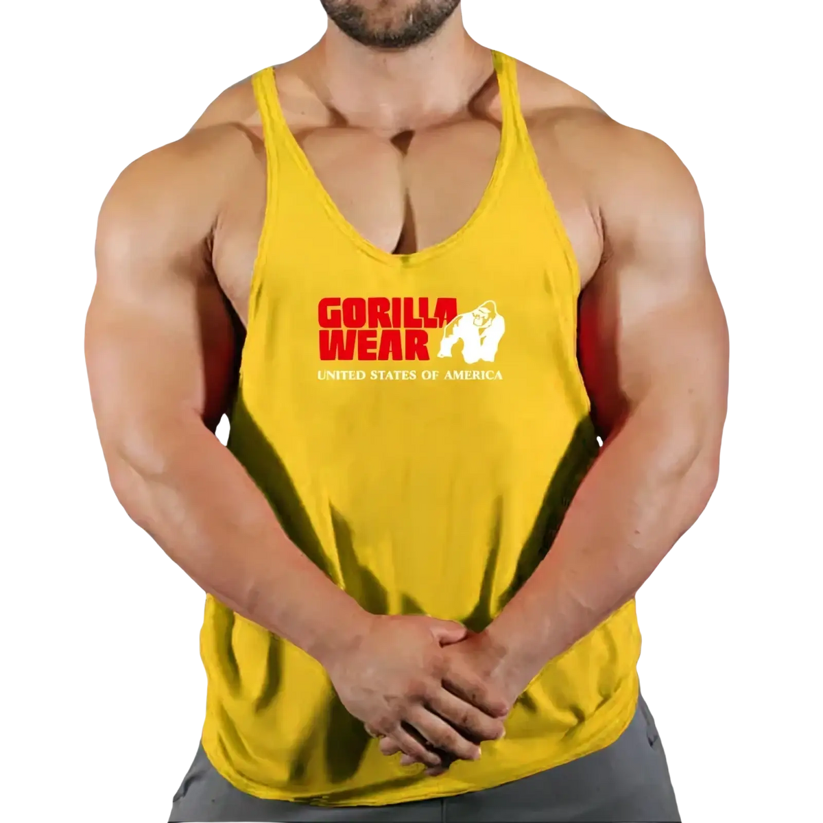 Yellow gorilla wearing a quick dry men gym tank top with red and white logo for fitness workout use