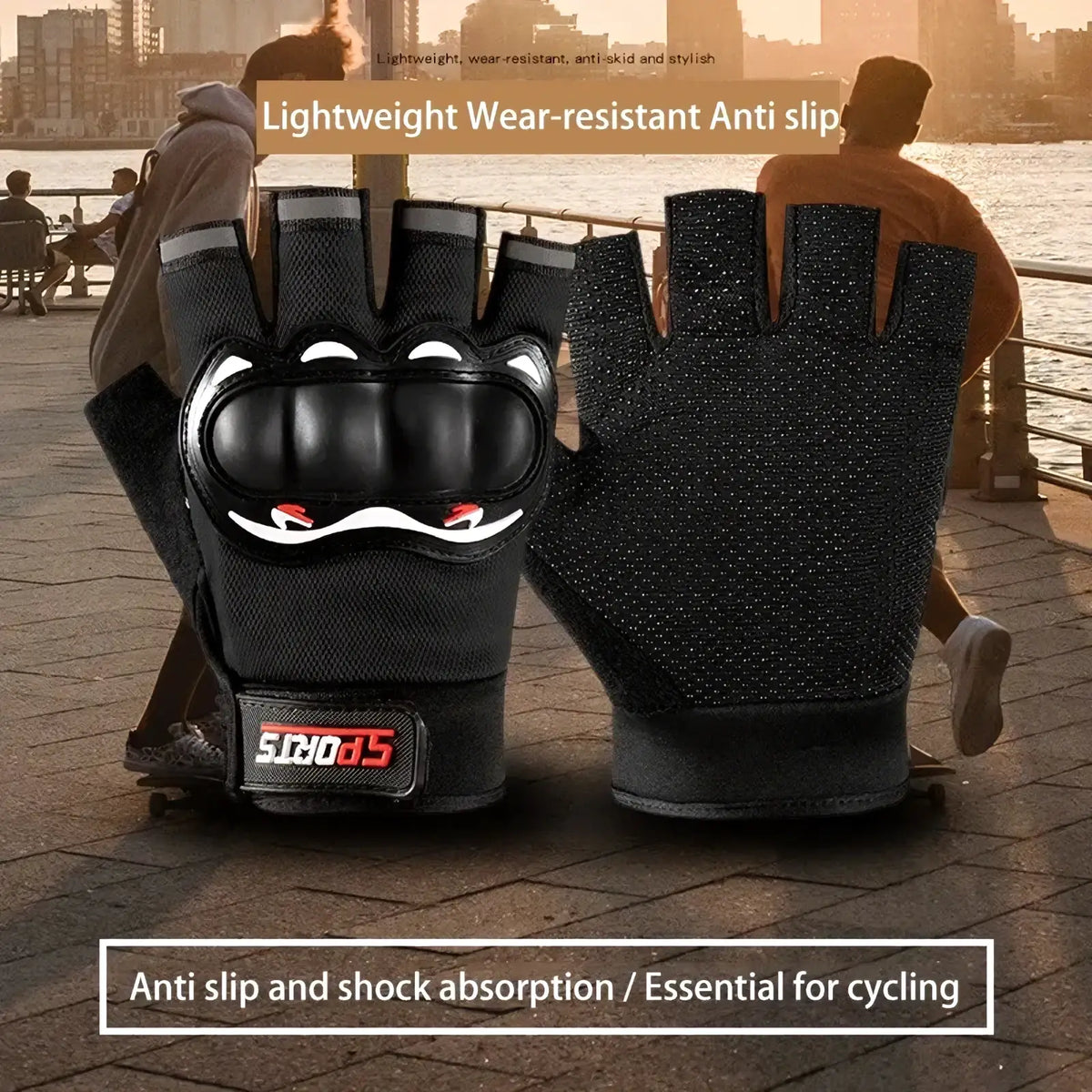 Men half finger motorcycle tactical gloves in black with reinforced knuckle padding and red white logo on wristband back side