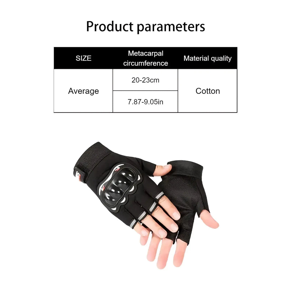 Men half finger motorcycle tactical gloves in black with reinforced plastic padding and white reflective stripes on back