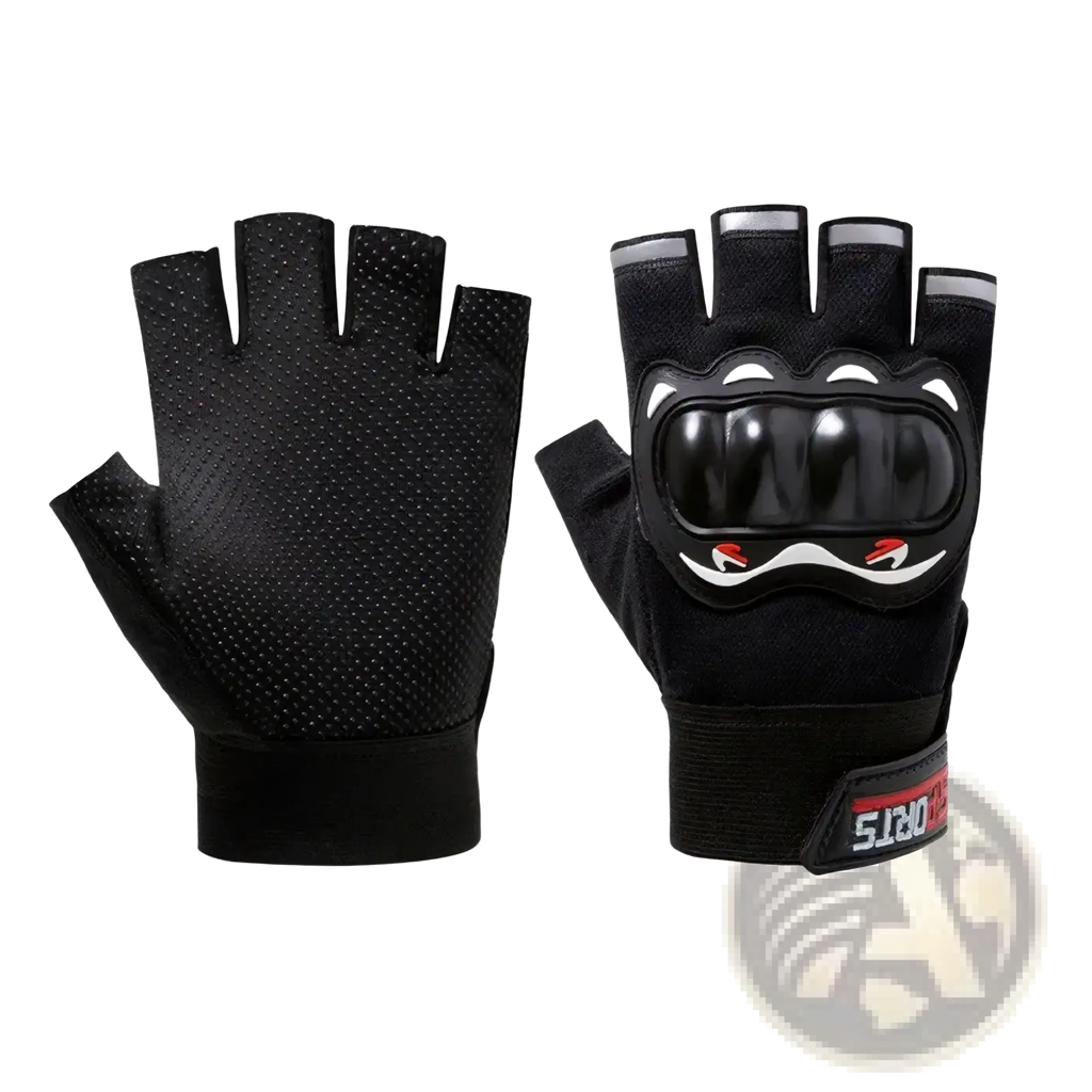 Back side of men half finger motorcycle tactical gloves in black with glossy black and white face design and red accents